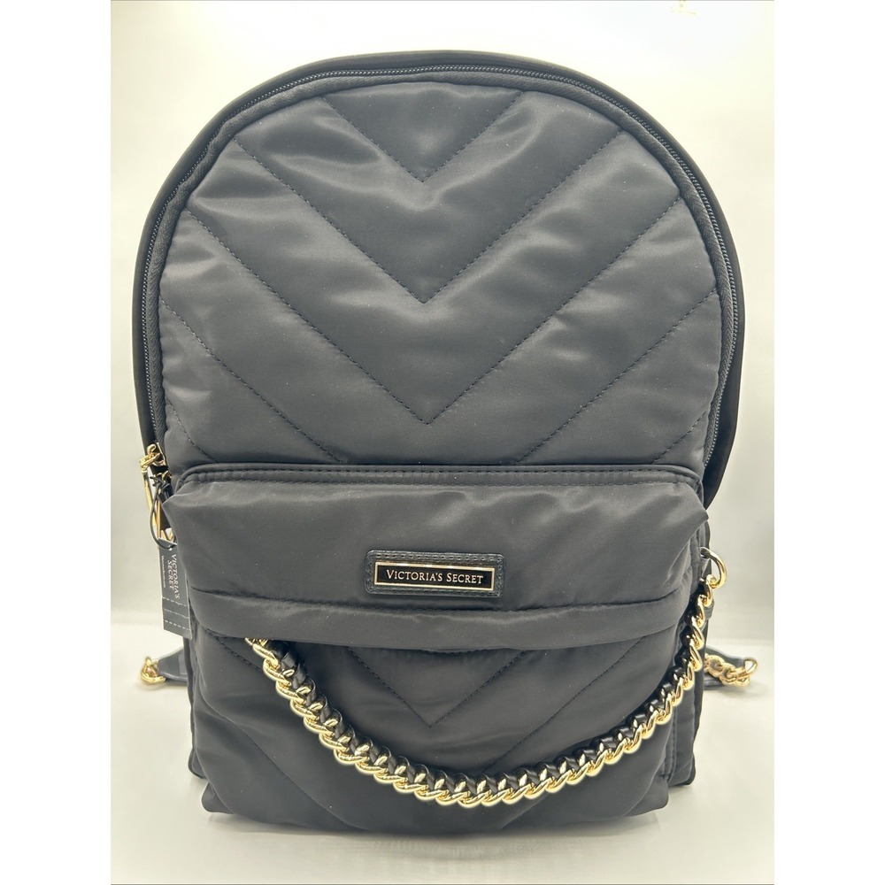 Victoria's Secret Black City Backpack Quilted Chevron Gold Chain Medium NWT